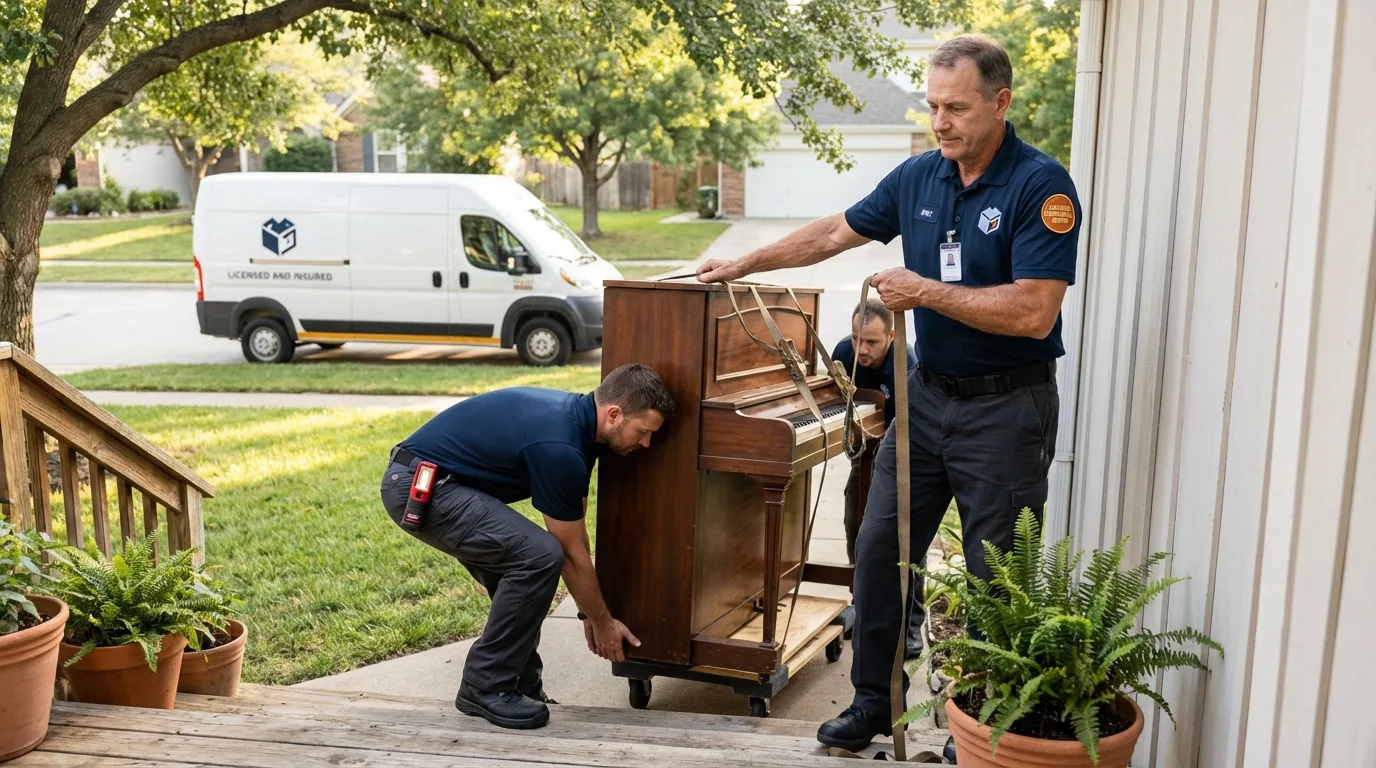 Licensed piano movers securing grand piano in South Lyon, MI