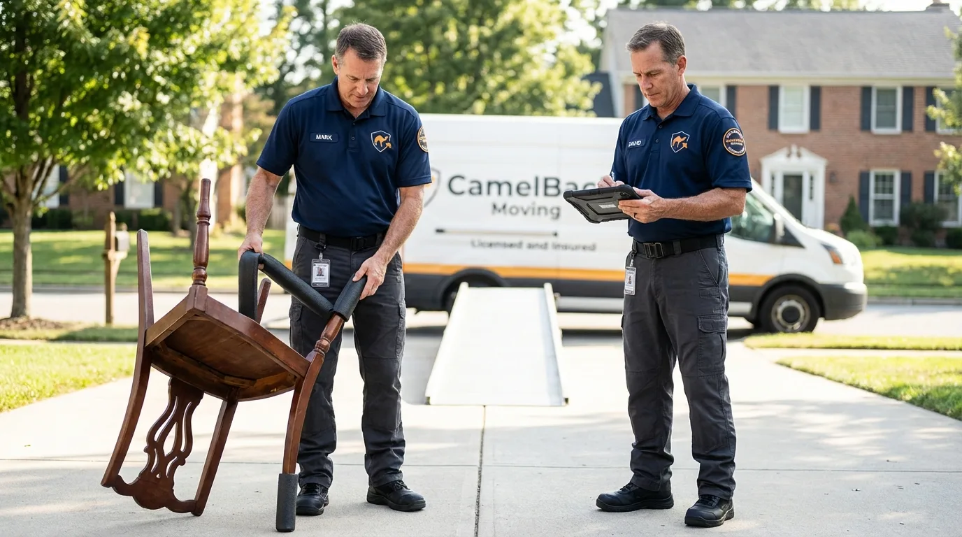 Movers inspecting furniture for damage prevention before loading in South Lyon, MI