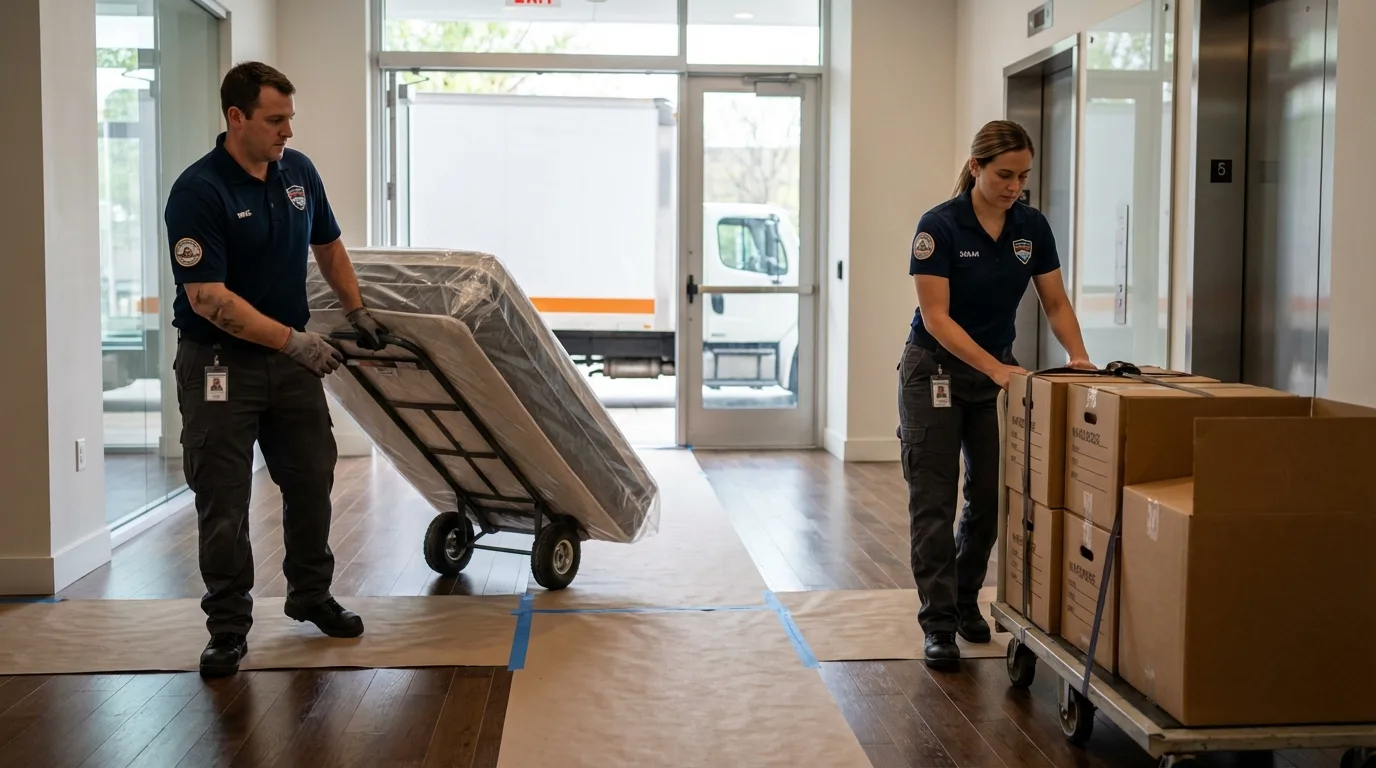 Professional apartment movers loading elevator in South Lyon, MI