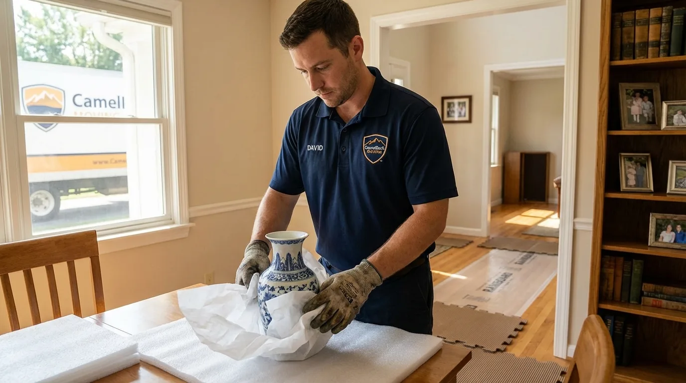 Professional crew carefully wrapping antique vase for senior downsizing move in South Lyon, MI