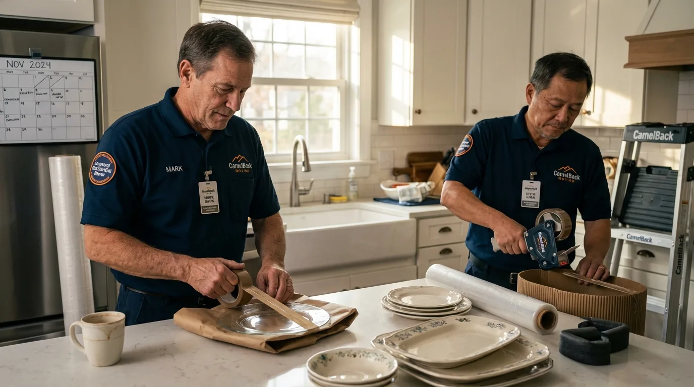 Professional crew packing kitchen dishware in South Lyon, MI